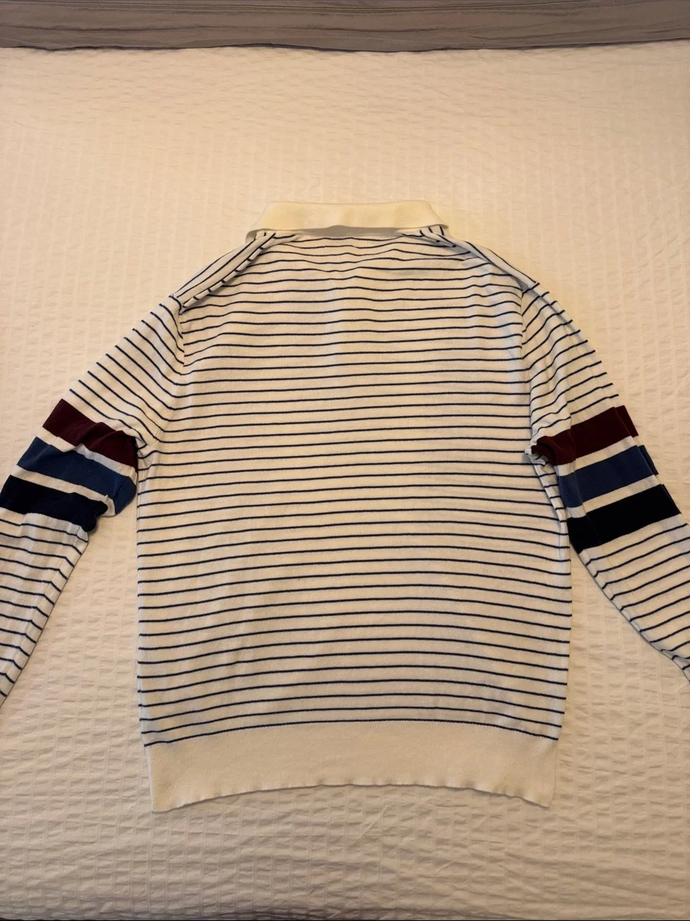 Men’s J.Crew L Striped Long-Sleeve Polo in White with Navy and Burgundy Accents
